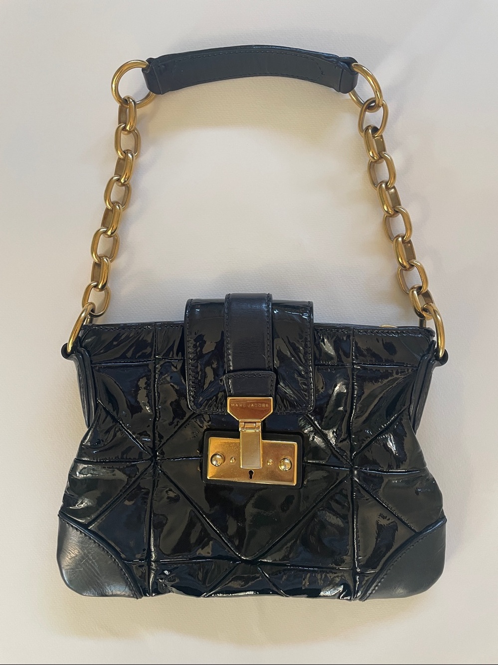 Marc Jacobs Black Patent Quilted Shoulder Bag with Gold Hardware